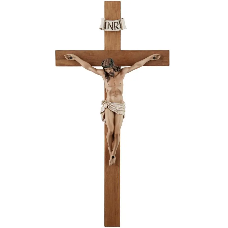 

Wall Cross 14 Inch Olive Wood Wall Crucifix, Hand Painted Resin Jesus on Wooden Crucifix Catholic Home Decor Housewarming Religi