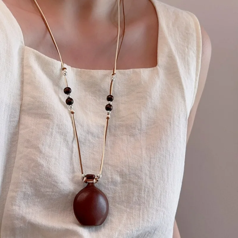 مينار العصرية البني الأسود اللون الخشب الطبيعي الأبنوس الإبريق قلادة القلائد مزدوجة الطبقات ضبط حبل سترة سلسلة للنساء #2