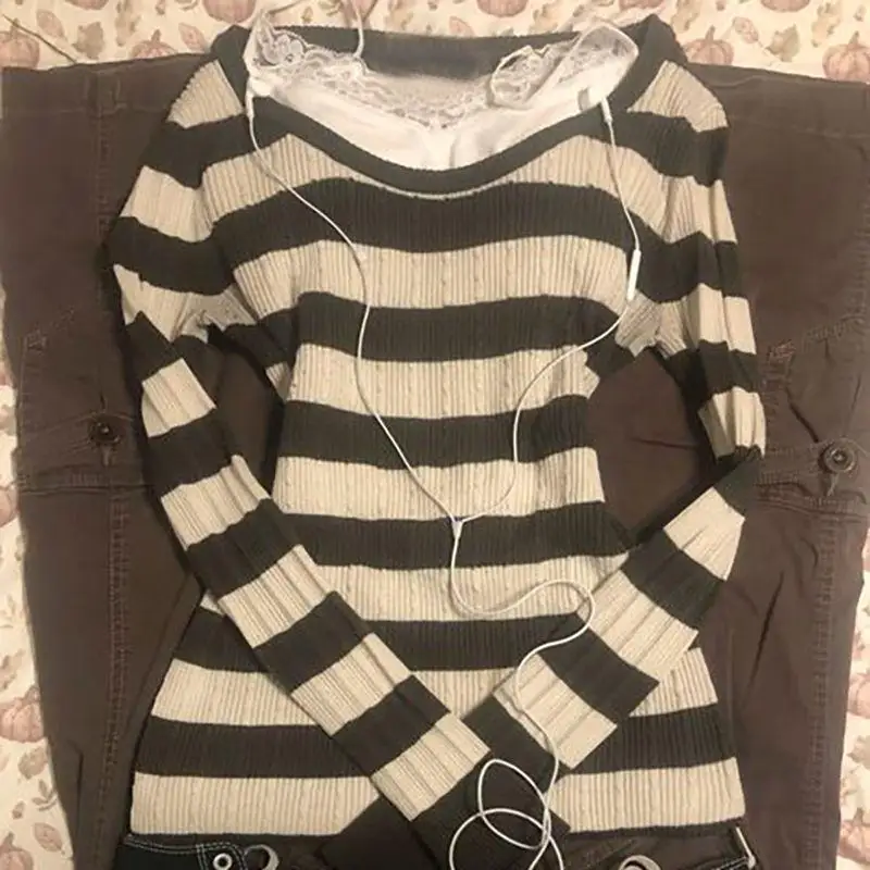 

Faionable Striped round Ne T-irt Sweater Versatile Ele Sexy Trendy Autumn Winter New Arrival Women's Knitted Top