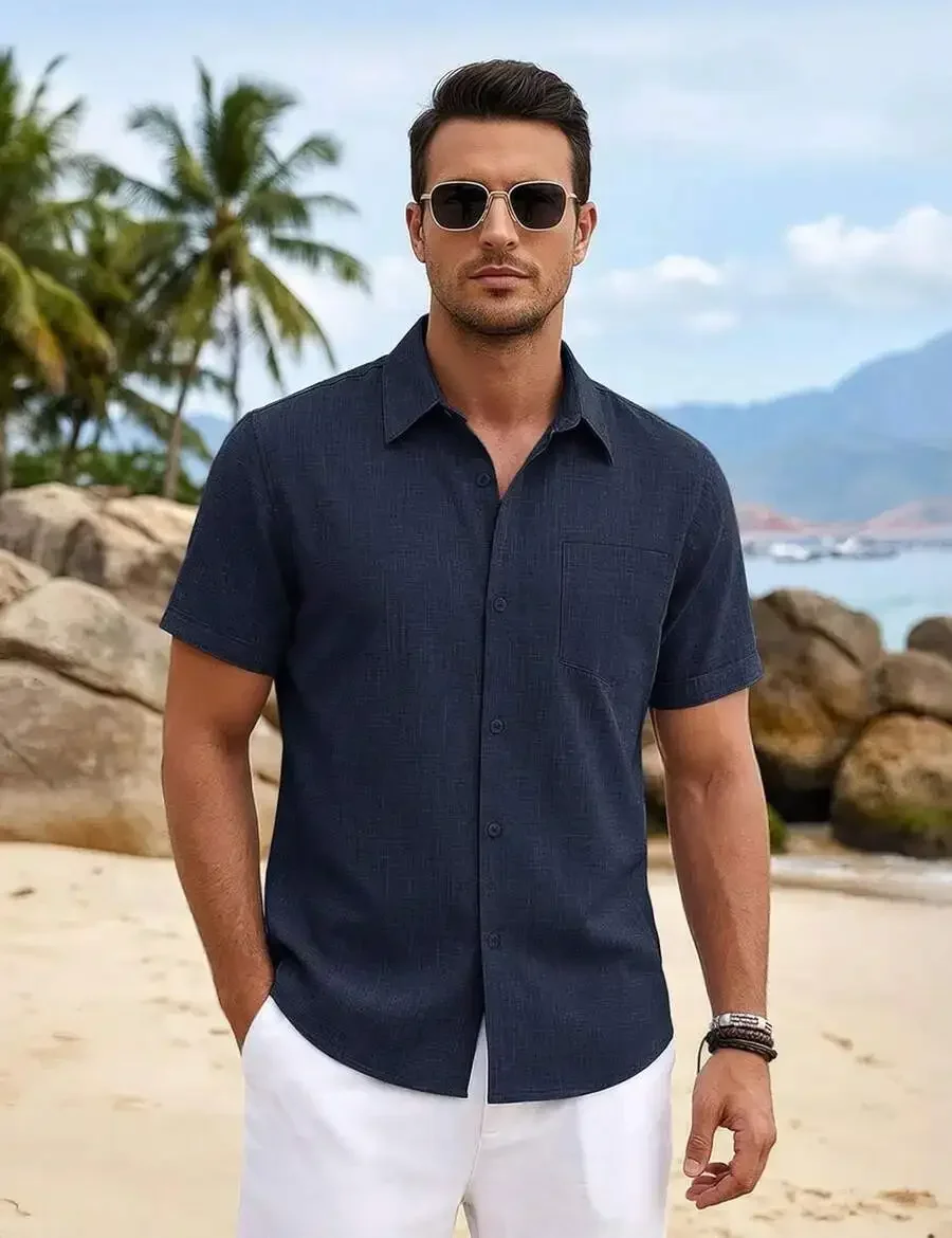 

Mens Short Sleeve Button Down Shirt Casual Beach Vacation Top With Pockets
