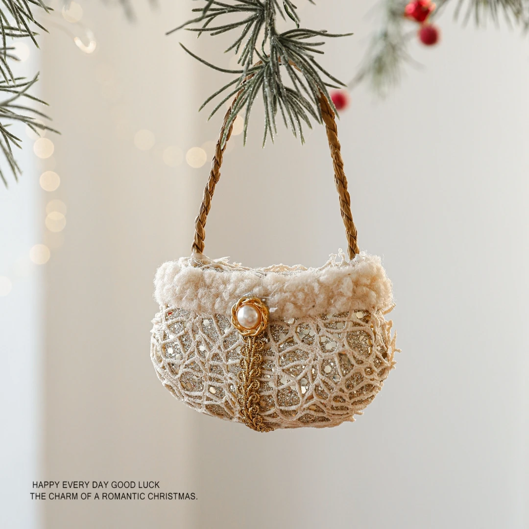 Funny Christmas Tree Decorations Champagne Color Handbag Shoes Mushroom 2025 Xmas Glitter-Coated Fabric Hanging Ornaments