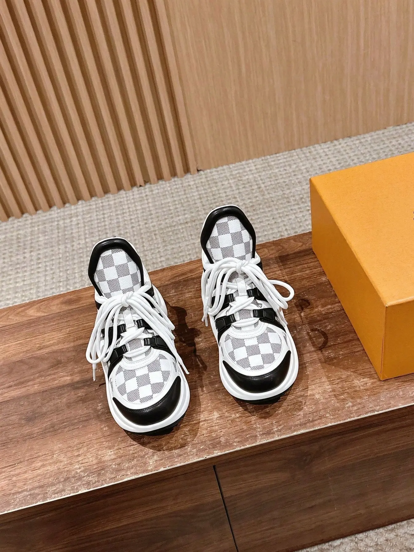 Unisex Black White Checkered Chunky Dad Sneakers Mesh Leather Splicing Low Top Double Lace Up Thick Sole Non Slip Street Casual Walking Shoes