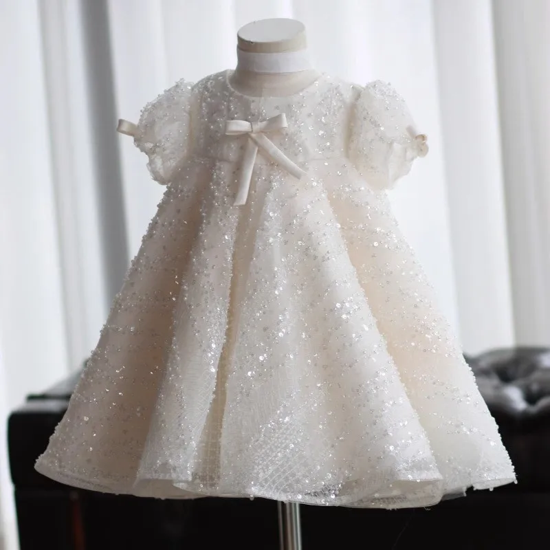 Baby Girl Princess paillettes Tulle Dress Infant Toddler Boutique Bow Vestido Puff Sleeve Party Pageant compleanno vestiti per bambini 1-7Y