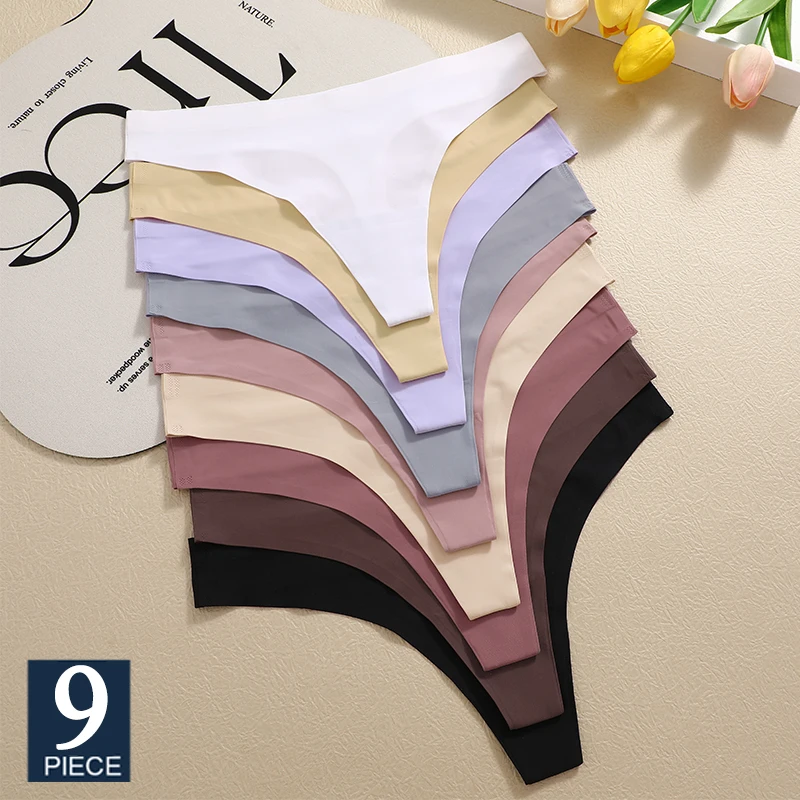 FINETOO 9PCS Sexy G-String Underwear Breathable Female T-back Intimate Lingerie Seamless Low Waist Underpants Lady Bikini Panty