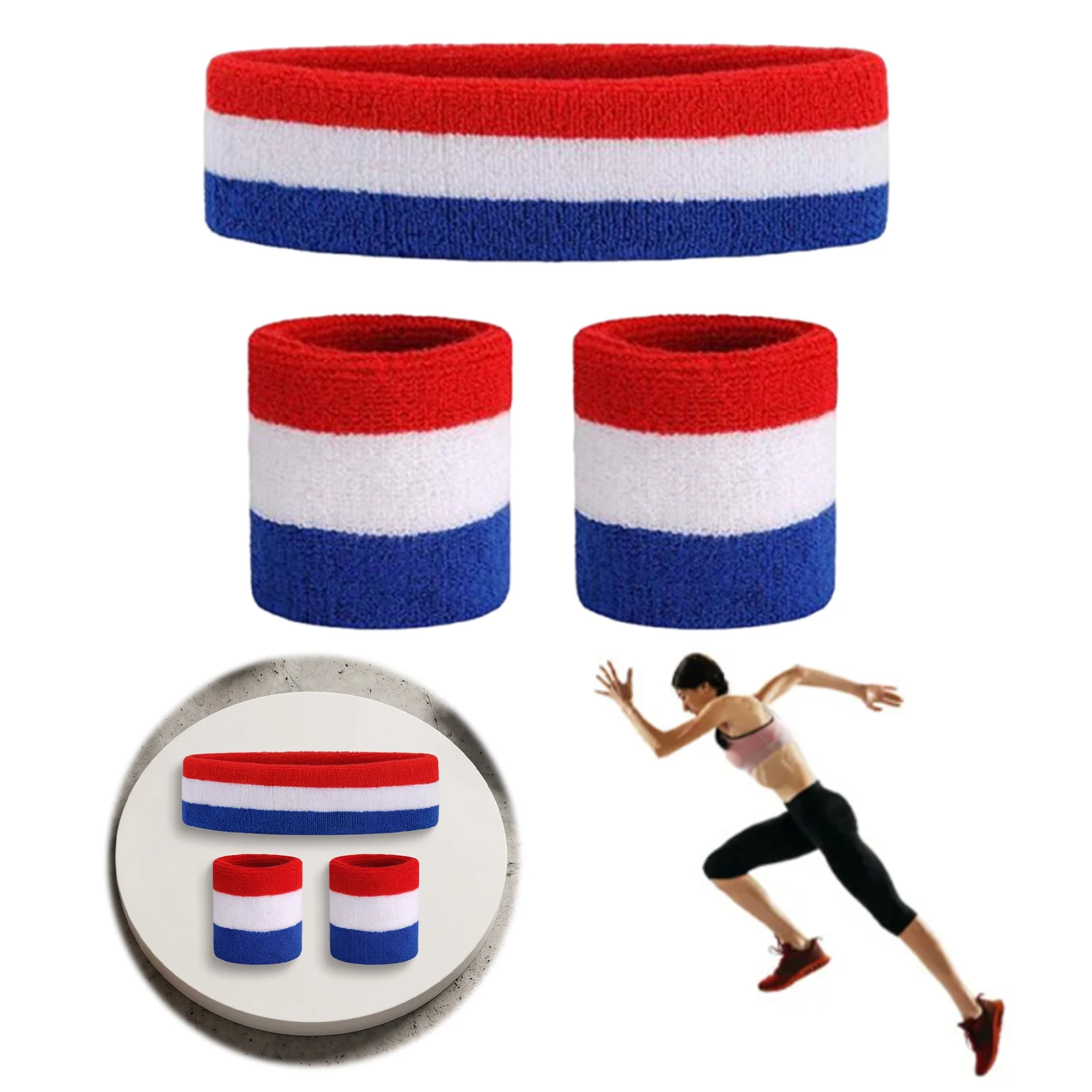 Wrist Sweatband Headband Striped Athletic Sweatband Moisture Wicking 2 Wristbands and 1 Headband for Basketball Tennis Yoga Gym