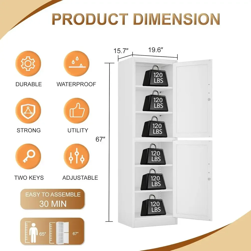 67 High Metal Storage Locker Cabinet with 4 Adjustable Shelves and 2 Lockable Doors for Kitchen, Home Office, Living and Dining