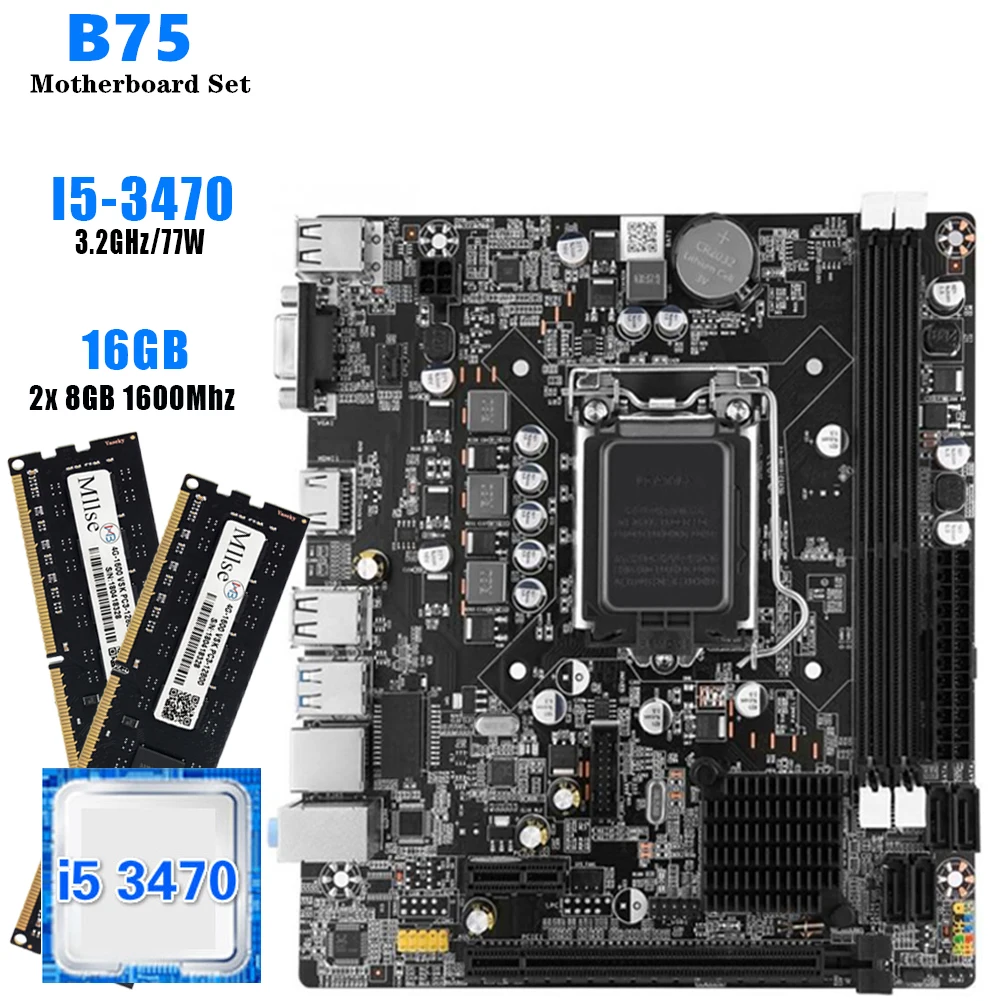 

Gaiming Computer Motherboard Set B75 Mainboard Kit LGA 1155 with Intel Core I5 3470 CPU 2x8GB 16GB DDR3 Desktop Memory RAM