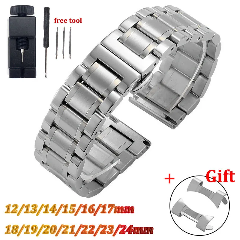 Curved End Universal Strap 12/13/14/15/16/17/18/19/20/21/22/23/24mm Solid Stainless Steel Watch Bands for Tissot Butterfly Clasp