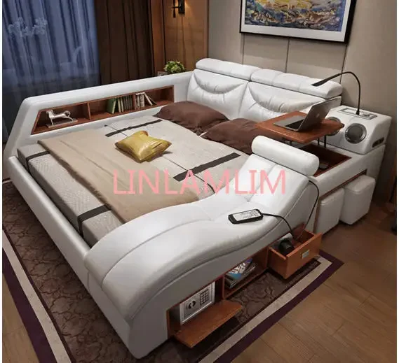 Genuine Leather multifunctional massage bed frame Nordic camas ultimate bed LED light Bluetooth speaker safe door to door