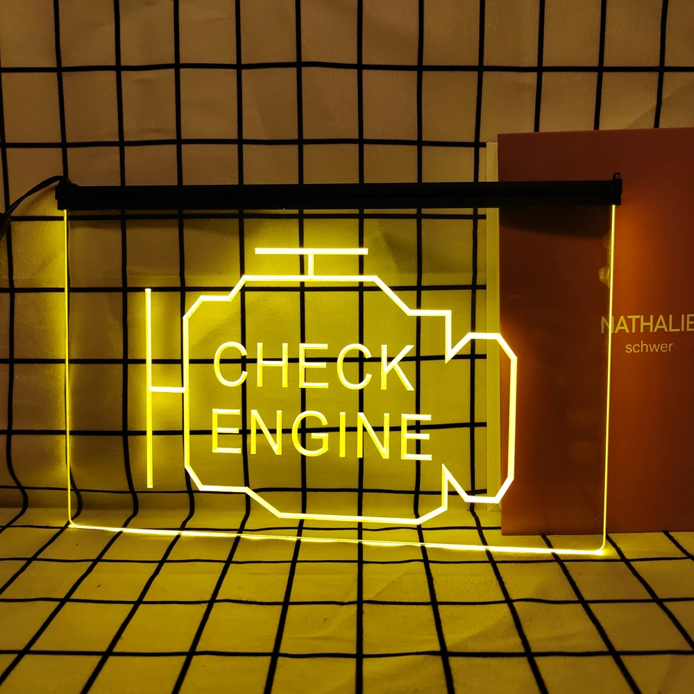 Check Engine Retro LED Neon Sign Home Decor with Vintage Plaques and Posters for Room Office Farmhouse