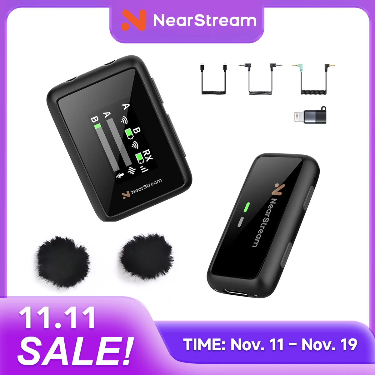 NearStream Lavalier Wireless Microphone AI-Noise-Canceling 656ft 200m Transmission Real-Time Plug-and-Play for PC iPhone Android