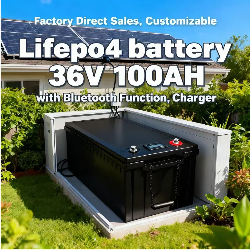 

Lithium Iron Phosphate 36V 100Ah LiFePO4 Battery with Built-in BMS + 43.8V 10A Fast Charger | For Solar System, Trolling Motor,