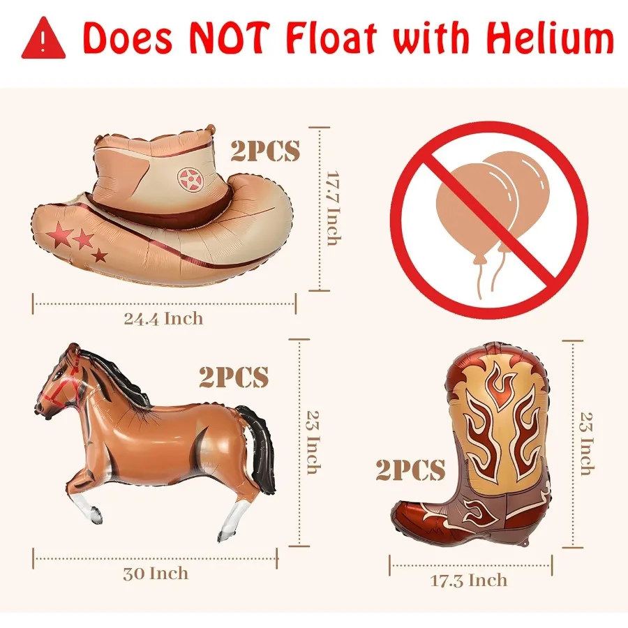 6개 서부 테마 파티 풍선 대형 카우걸 모자 부츠 호우 포일 풍선 카우보이 생일 파티 장식 (원시 서부 테마)