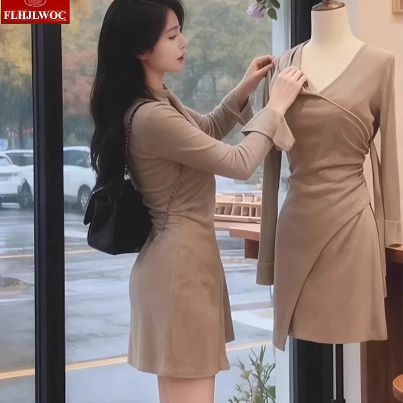 لطيف التنانير الصغيرة تاريخ السنة الجديدة الفتيات امرأة طويلة الأكمام شيك كوريا اليابان نمط الصلبة طبقة سليم المجهزة فساتين تي شيرت #3