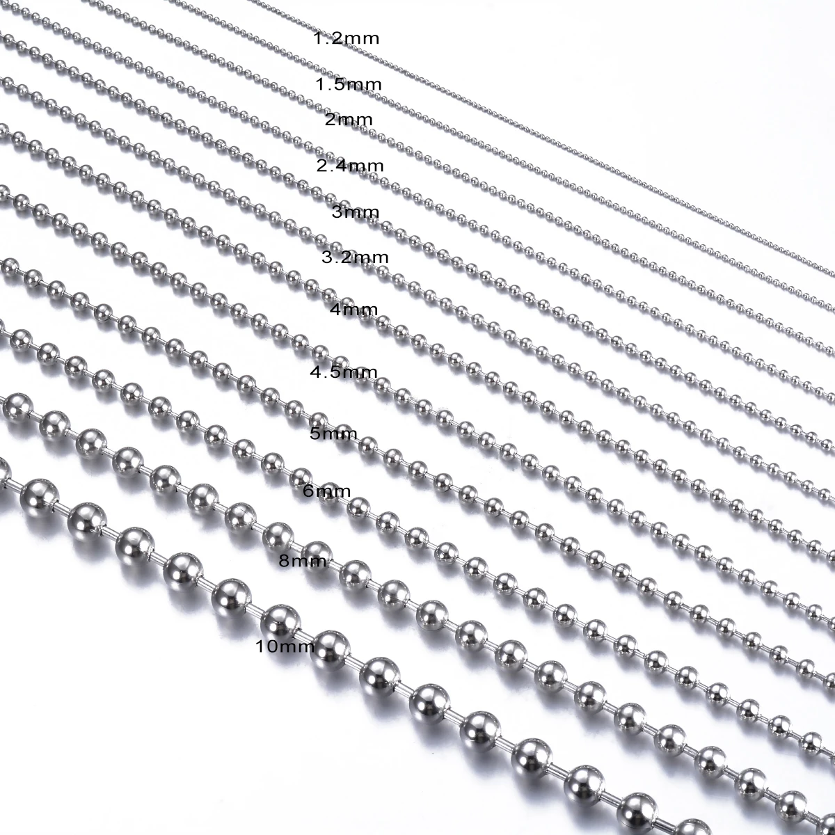 10Pcs/Lot 1.2/1.5/2/2.4/3/3.2/4/4.5/5/6mm Stainless Steel Bulk Ball Bead Chains For DIY Necklaces Jewelry Making Accessories