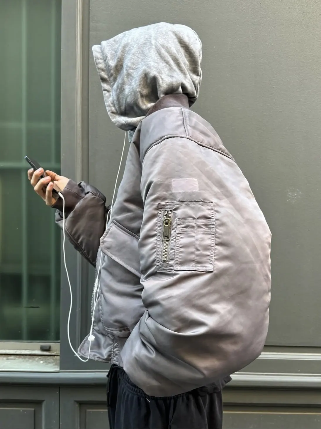Heavy Washed Dirty Purple Reversible Waffle Knit Hooded Padded Jacket