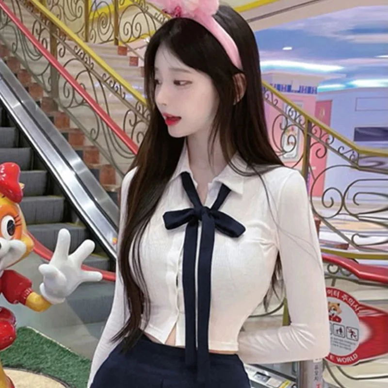 Korean Dongdaemun sexy and alluring style slim-fit figure-flattering bust-enhancing long and short cardigan T-shirt tops for