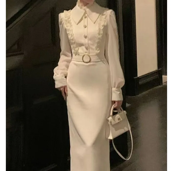

Retro Slimming Long Dress Women's Autumn Winter New Style Waist Cinched Elegant High-End Goddess Style Polyester Silk Material