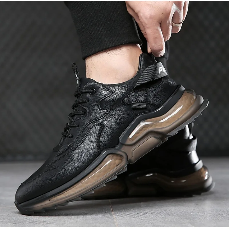 Sapatilhas de couro plataforma para homens e mulheres, sapatos de sola macia, preto, aumento de altura, calçados esportivos, masculino, designer, outono, inverno, moda