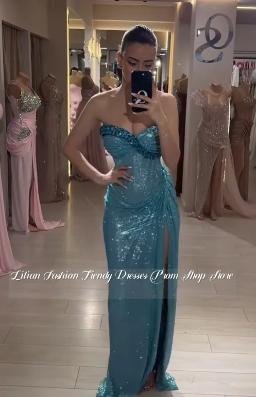 Robe de soirée personnalisée du moyen-orient, bleu saphir, Corset sans bretelles, fente latérale, robe de bal glamour et scintillante