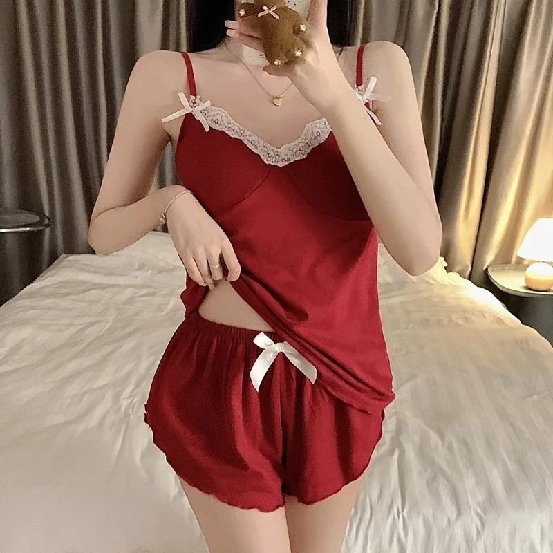 Korean imitation cotton with chest pad suspender pajamas women's summer new sweet bow lace lace loungewear