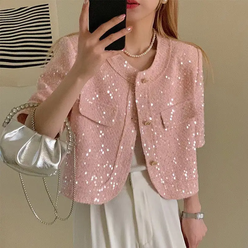 Summer High Quality Korean Tweed Paillette Short Sleeve Jacket Coat Women Korean Fashion Sequin Short Outerwear Top