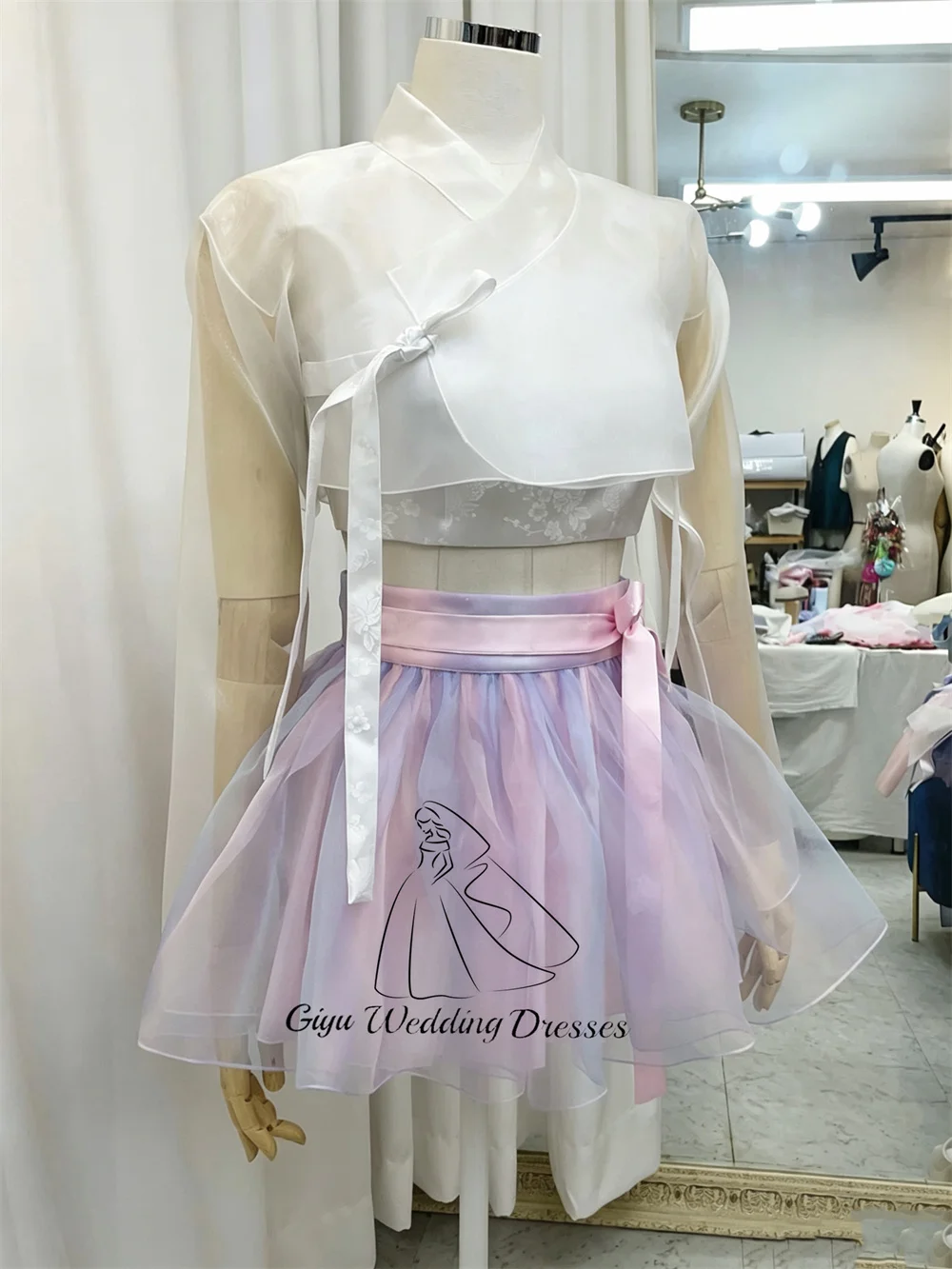 Giyu Korean Modern Hanbok Women 2 Piece Outfit Gradient Tulle Mini  Korea Wedding Photo Shoot Dress Oriental Hanfu Set Customize