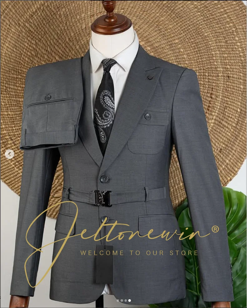 Men's Dark Gray Single Breasted Suit Two Piece Set Slim Fit Formal Wear for Wedding Groomsmen Party Event Business Occasion