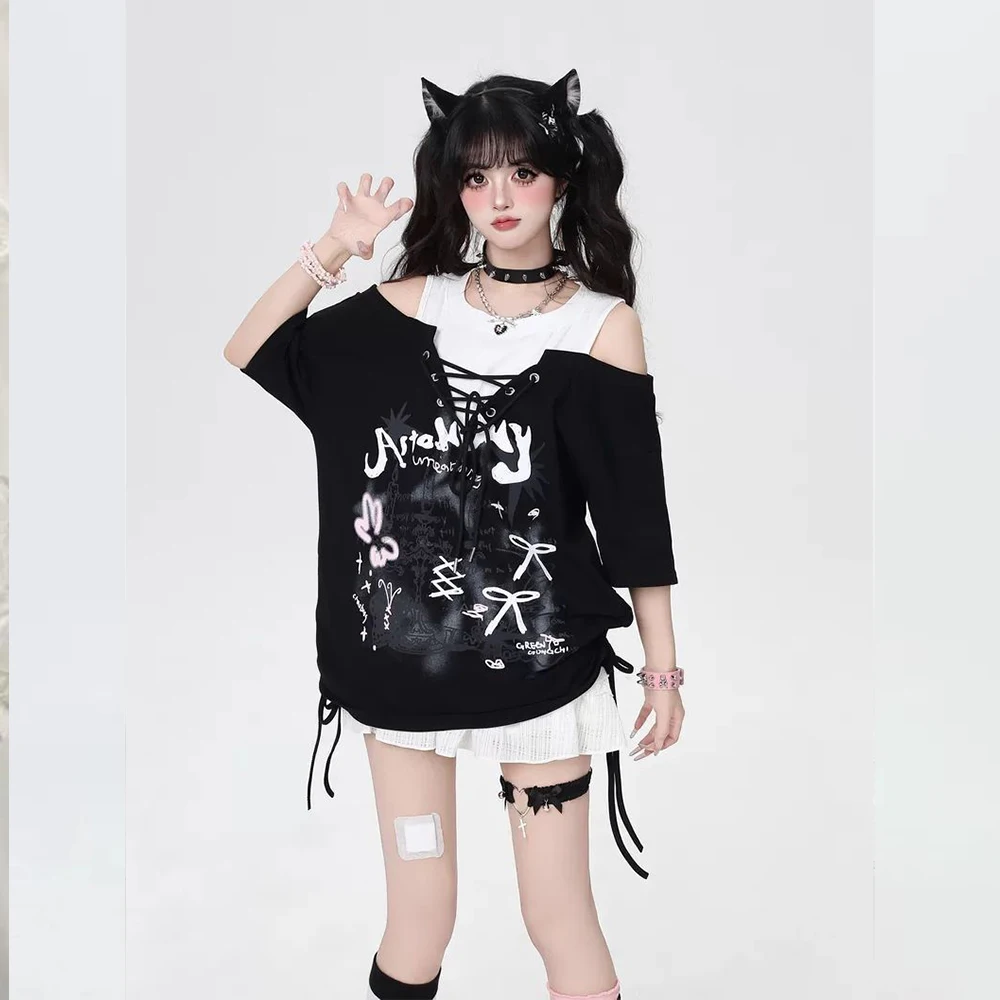 Women's Y2K Aesthetic Fake Two-Piece Harajuku Print Casual Patch Retro T-Shirt Street Wear Drawstring Coarse Fabric T-Shirt Top