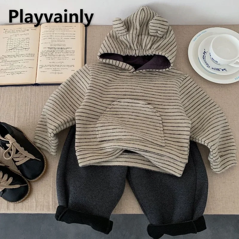 

Осенне-зимние детские флисовые комплекты, толстовки с капюшоном в полоску в корейском стиле + серые свободные широкие брюки, повседневная одежда для мальчиков и девочек A5601