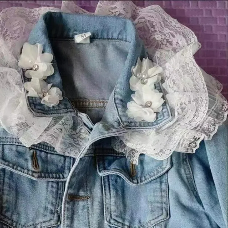 Imagem -04 - Jaqueta Jeans de Peito Único com Miçangas Cabolsa de Retalhos de Renda Pesada Streetwear Chique Gola Virada para Baixo Exclusivo e Chique Y2k Outono e Inverno