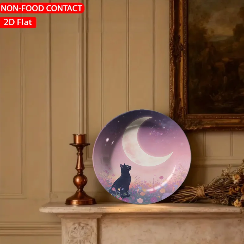 1pc Retro /Korean Suitable for Style Ceramic Plate - Vintage Cat & Moon Decorative Plate with Non-Food Contact, Pink Ceramic