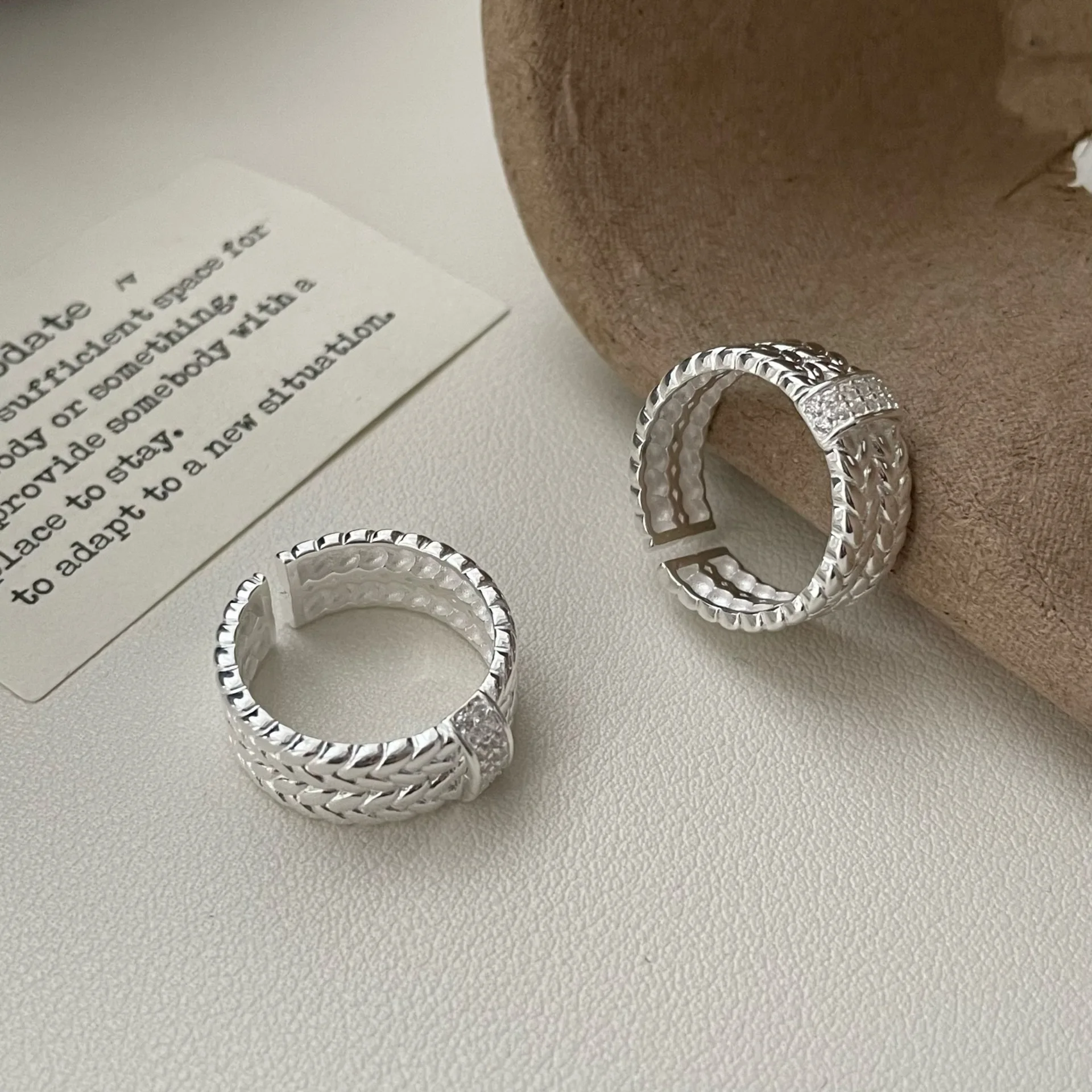 S925 pure silver woven pattern ring, women's high-end light luxury index finger ring, fashionable open mouth ring
