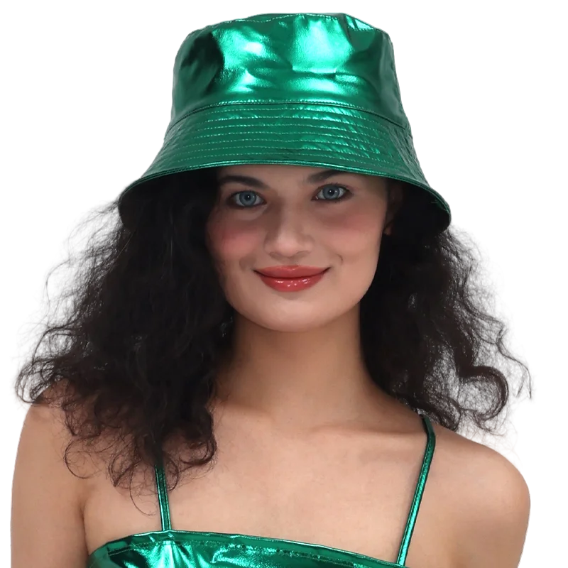 Women Shiny PU Leather Waterproof Panama Cap Holographic Hip-hop Bucket Hat Street Party Dance Disco Chic Hat Trendy Vintage