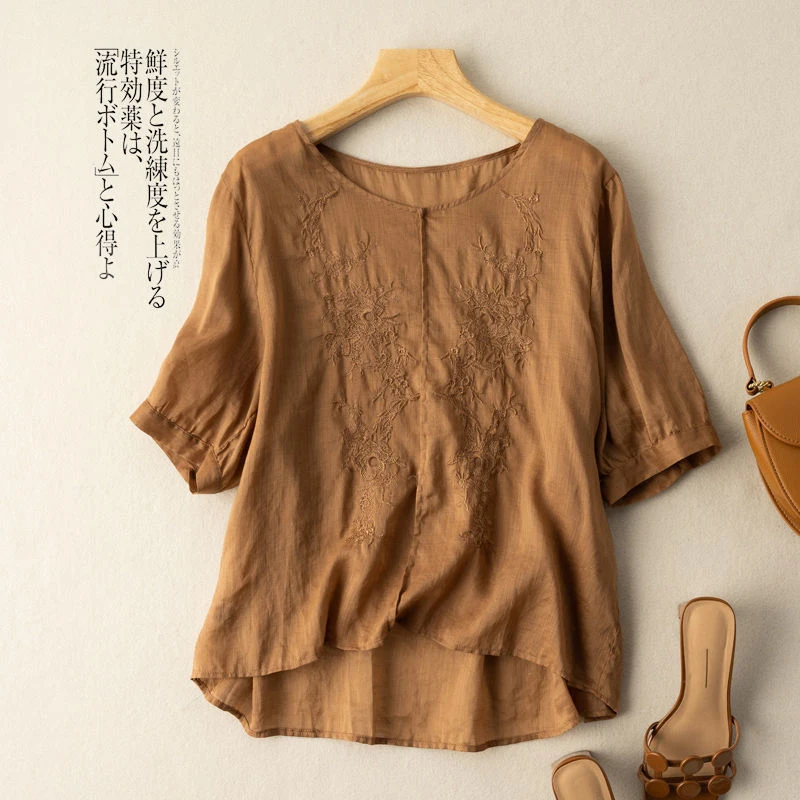 Linen Embroidery Women Vintage Thin Shirts Tops O-neck Short Sleeve Blouses 2022 Summer Japanese Style Loose Pullover Shirts