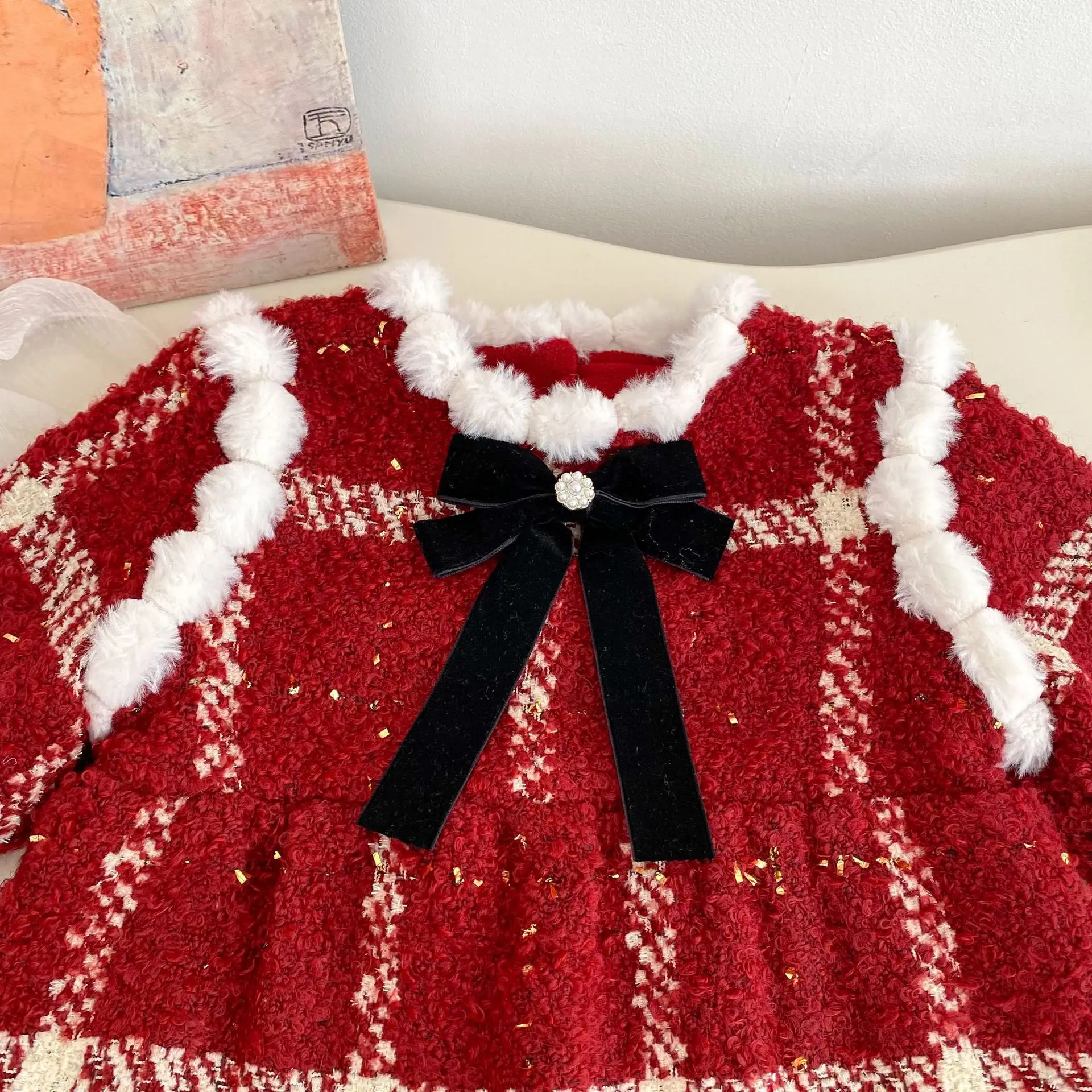 عيد الميلاد لطيف الرضع فتاة القوس منقوشة بذلة زائد المخملية سميكة ملابس الطفل 2025 شتاء جديد طفلة طويلة الأكمام الصوف رومبير #4