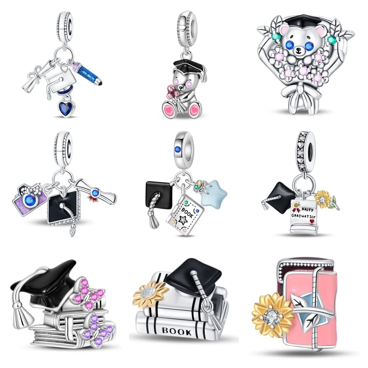 Spot-on cross-border exclusive graduation season bear-shaped flower student cap pendant bead DIY jewelry bracelet accessory