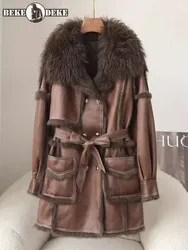 New Winter Women Fashion Warm Rabbit Fur Lining Faux Leather Coat Fashion Lamb Wool Collar Double Breasted Casual Long Jacket