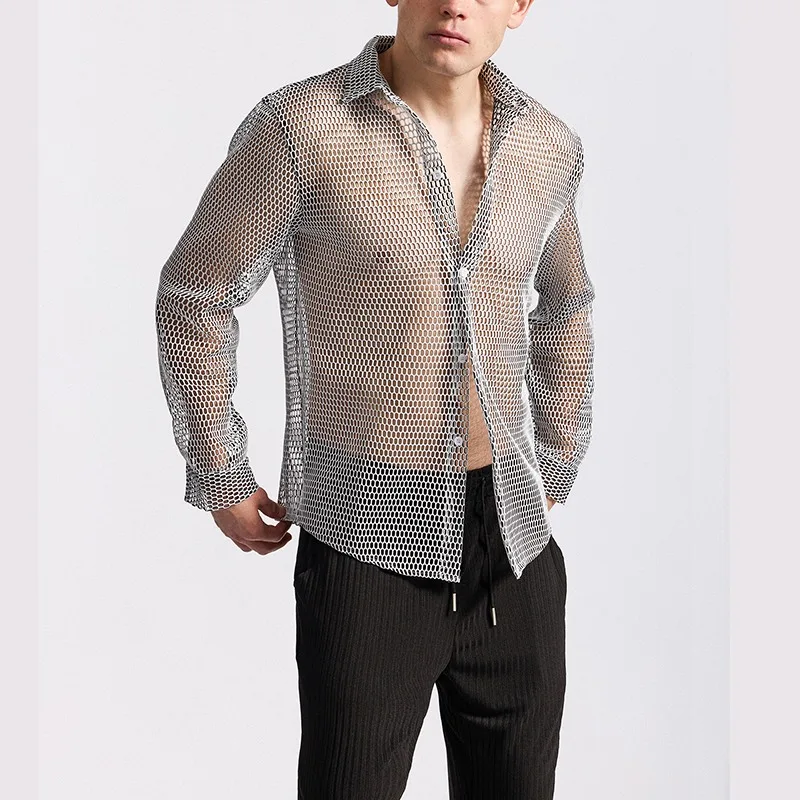 

Sexy Hollowed Out Nightclub Long Sleeved Shirt Classic Solid Color Loose Casual Shirt Stage Performance Costumes Streetwear