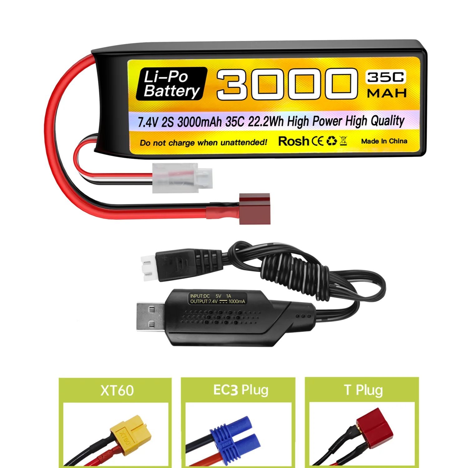 2S Lipo Battery 7.4V 3000mAh 35C With USB Charging Cable For RC Car, Truck, Ship, Quadcopter Aircraft FPV Drone Battery
