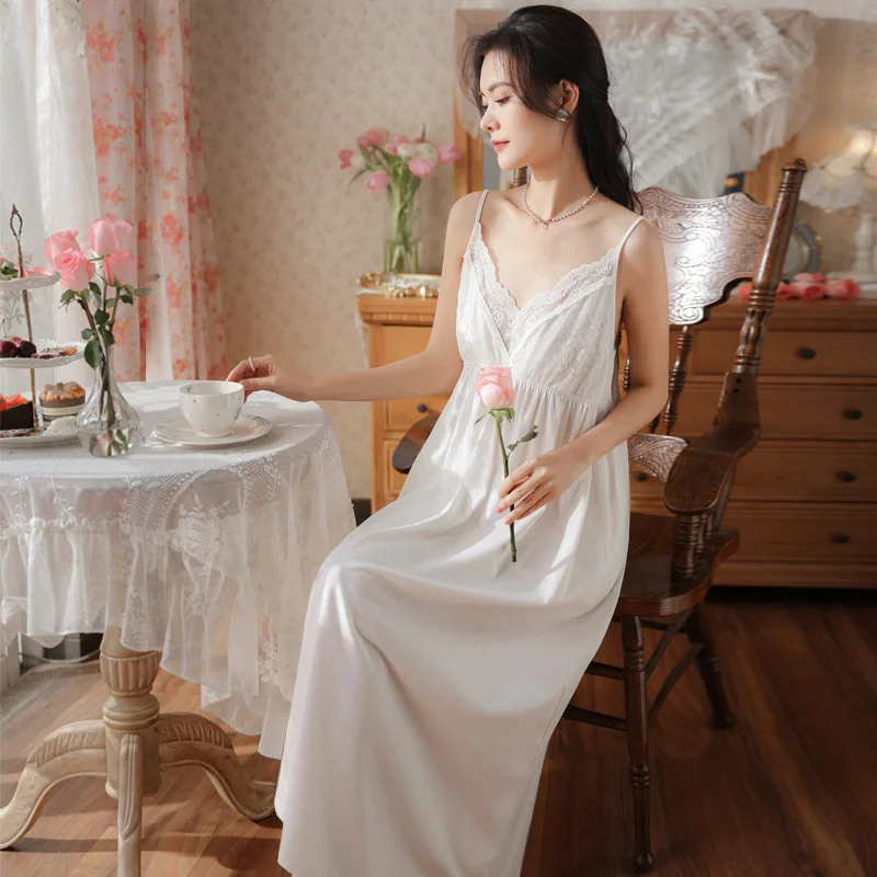 Victorian Vintage Cotton Nightgown Princess Sleepwear Nightwear Romantic Sexy V Neck Nightdress Solid Color Long Night Dress