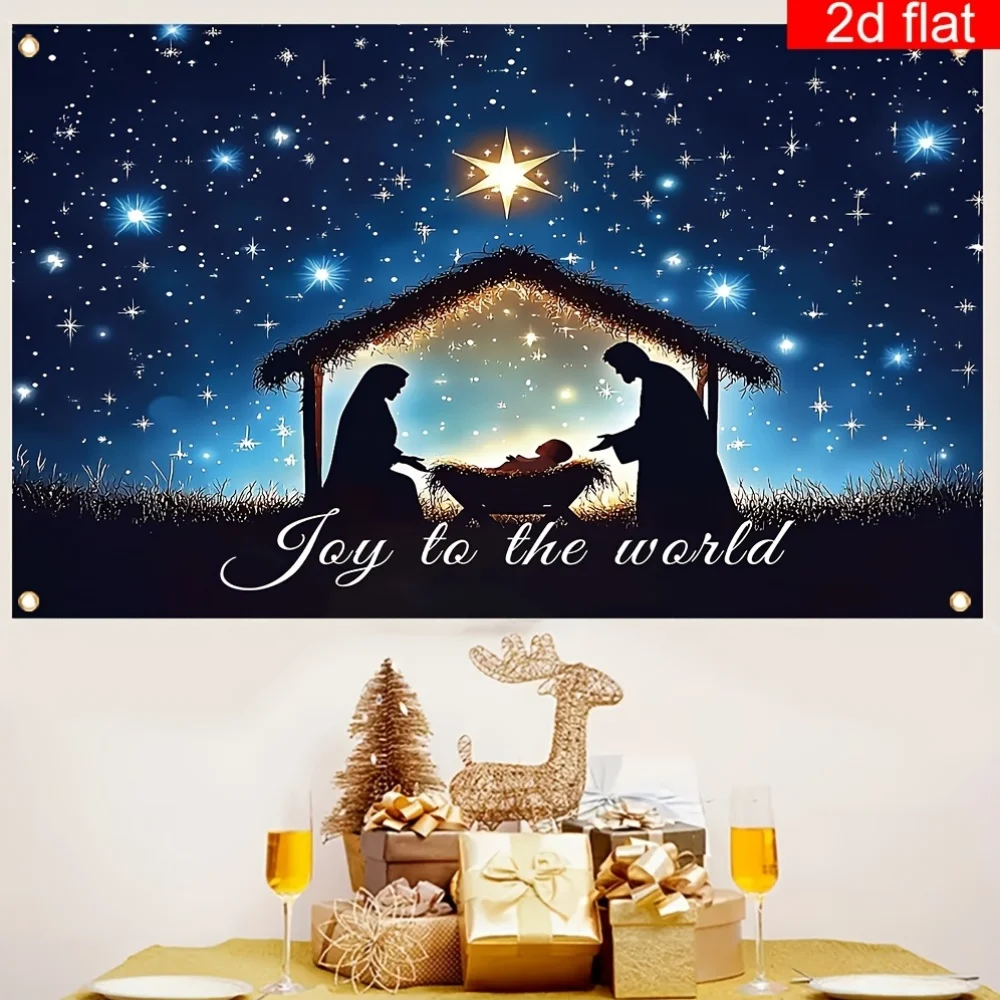 Christmas Nativity Tapestry Religious Wall Hanging Jesus Birth Scene Starry Night Banner Church Home Decor Joy To The WorldPrint