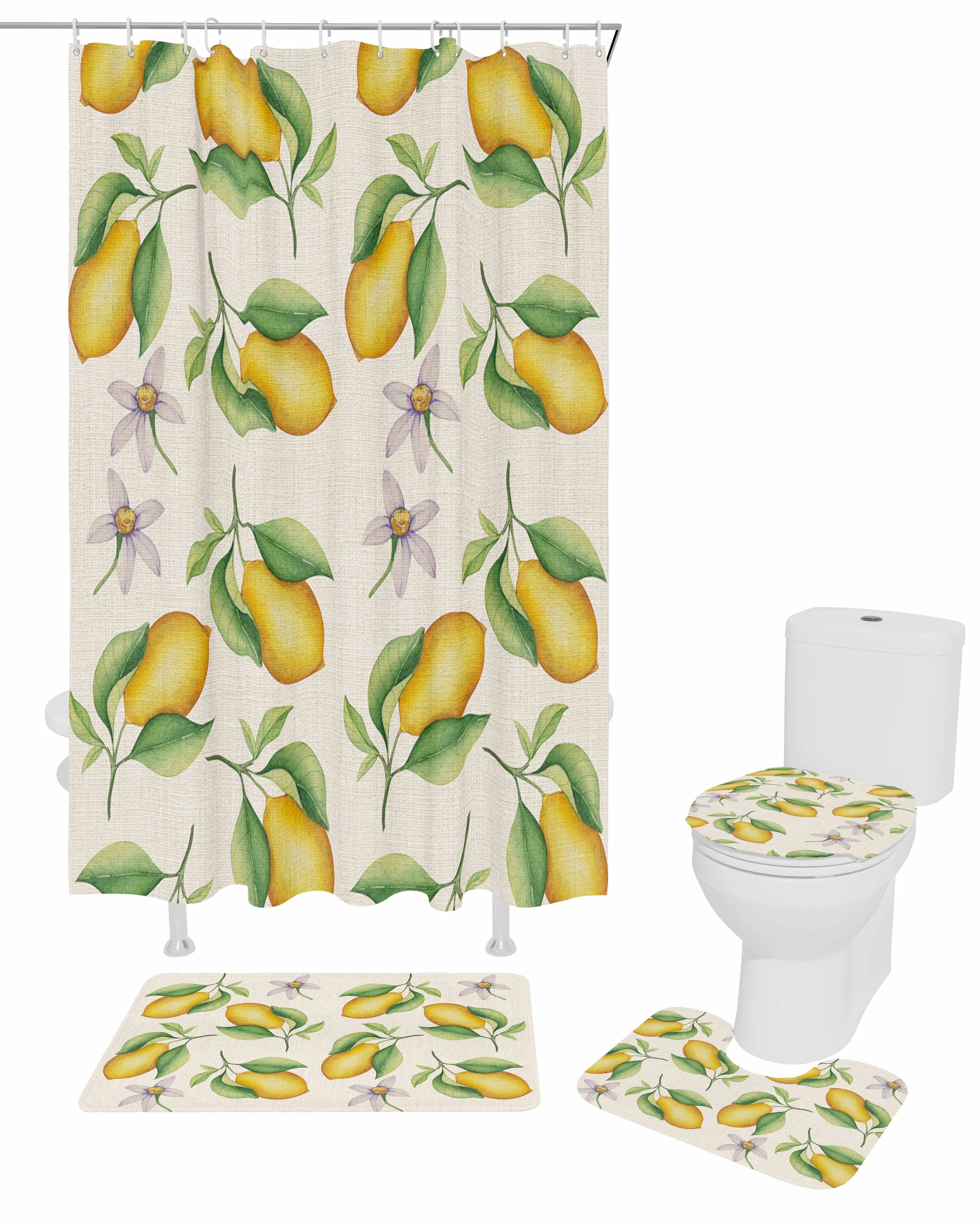 Lemon Watercolor Country Style Shower Curtain Set Non-Slip Rugs Bath Mat Toilet Lid Cover Waterproof Bathroom Curtain