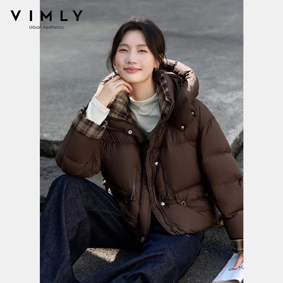 

VIMLY Women's Winter Down Jacket Casual Brown Spliced Plaid Short Hooded Coats Office Lady Zip Up Pocket Female Outwear 50859