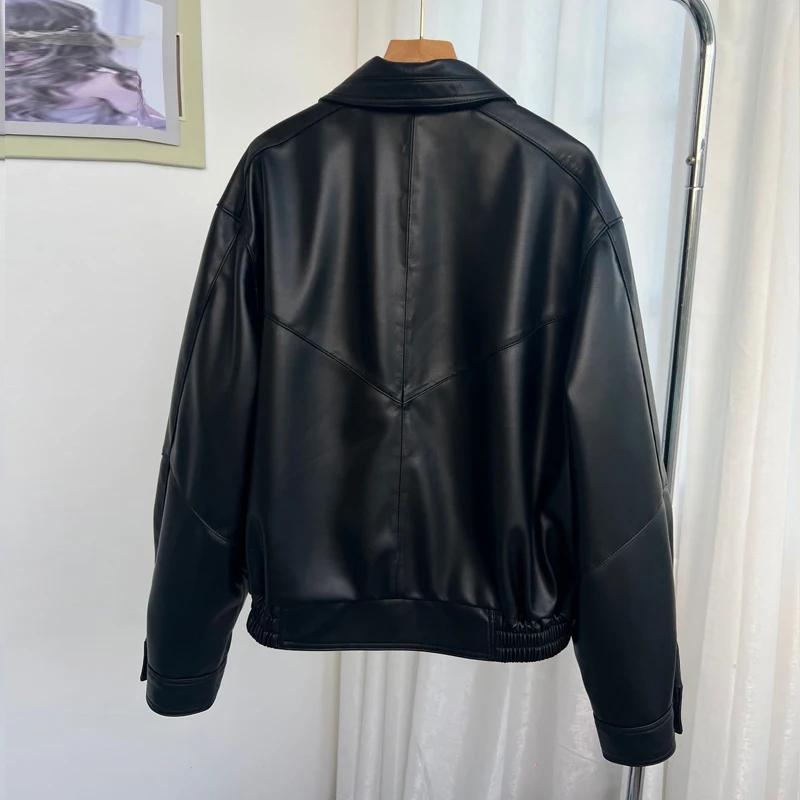 Mode Highstreet Vrouwen Echte Lederen Jassen Tops Casual Zwarte Revers Drop-Schouder Vrouwelijke Losse Schapenvacht Jassen