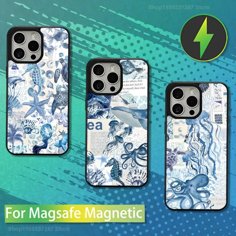 

Blue Sea Ocean Shark Fish For iPhone 15,Mini,13,Max,11,16,17,14,Plus,12,Pro,For Magsafe,Magnetic Wireless Charging Case