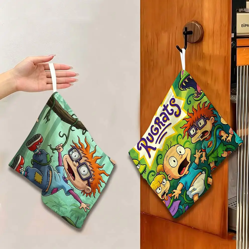 Cartoon Cute R-Rugrats Polyester Cotton Hanging Hand Towel, Super Absorbent Hand Wiping Towel for Daily Household Use