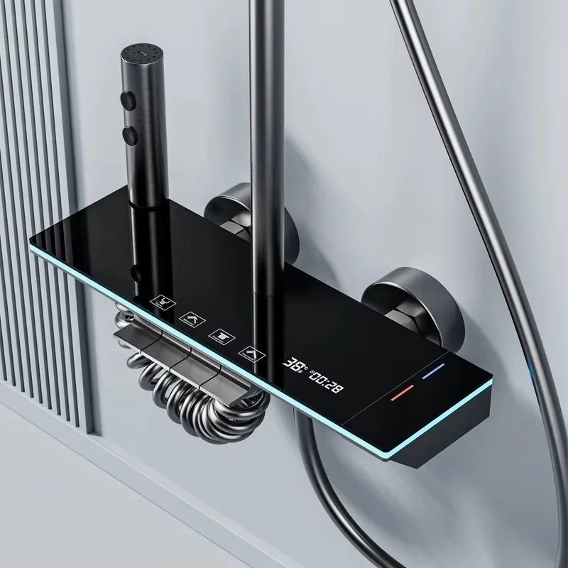 2026 Modern Minimalist Wall Mounted Shower Set with Soft Mist Spray LED Digital Display  Matte Black Finish  Ambient Light