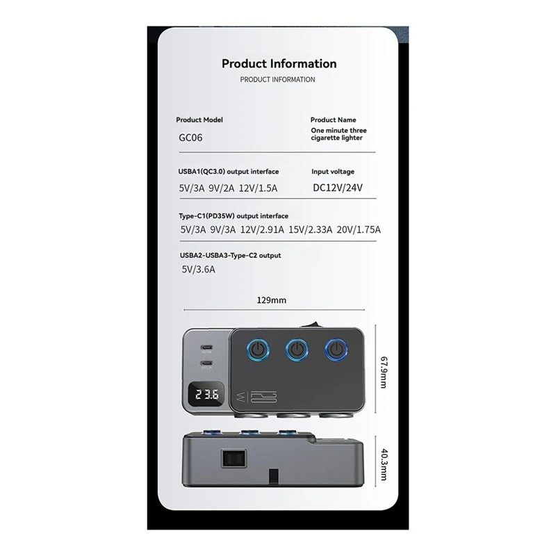 Auto-montierter Cigarrete-Feuerzeug-Adapter, USB-Schalter, PD, superschnelle Ladung, 120 W, Autoladegerät, universelle Holde-Digitalanzeige