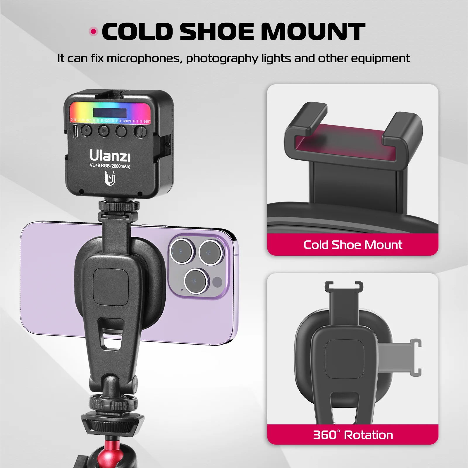 Ulanzi-Telefone Magsafe Mount Holder, Luz de preenchimento do tripé, rotação de 360 °, Cold Shoe Mount, 1,4 "Buraco Parafuso, iPhone 15, 14, 13, 12 Series